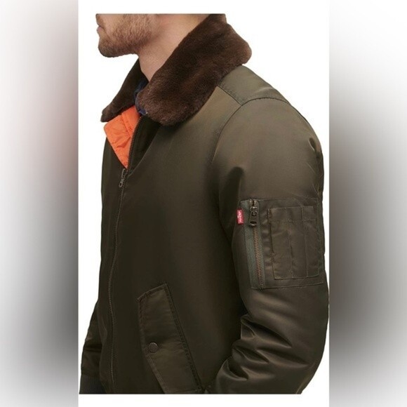 LEVI'S Men's Flight Bomber Jacket with a Faux Fur Removable Collar army green S - Picture 5 of 15